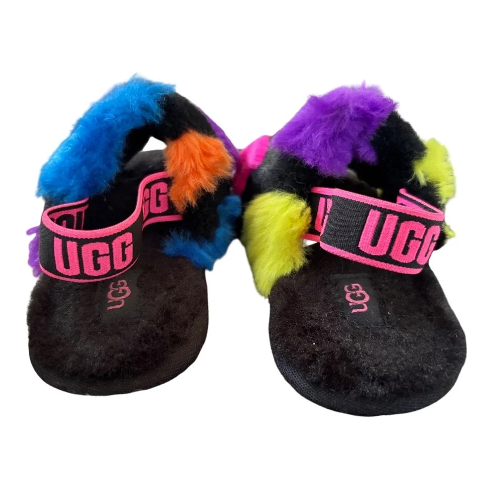 UGG Toddler Girls Multicolor Fluffy Slingback Slippers Size 8 Rainbow Fur‎